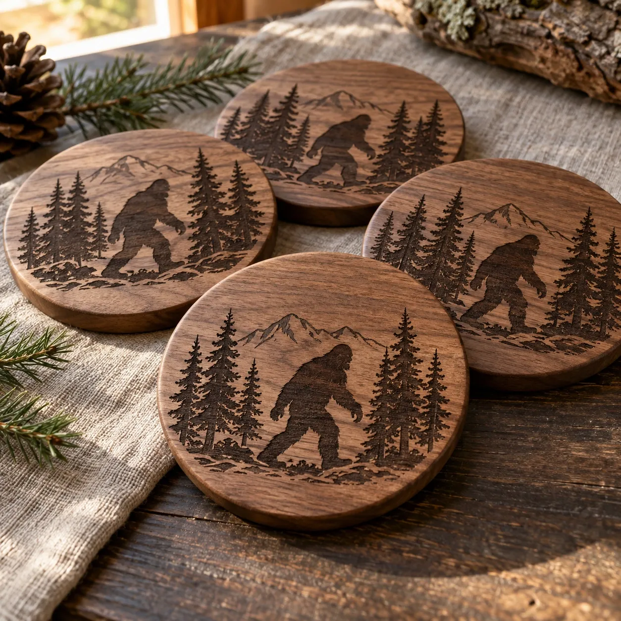 Bigfoot and forest designs engraved into wooden coasters